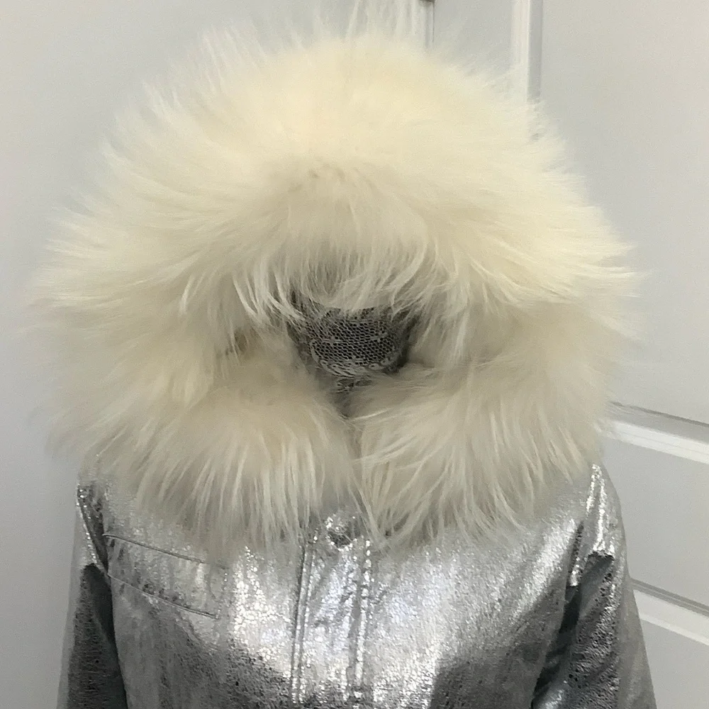 Silver Faux Fur Hooded Jacket, Size M - Picture 2 of 13